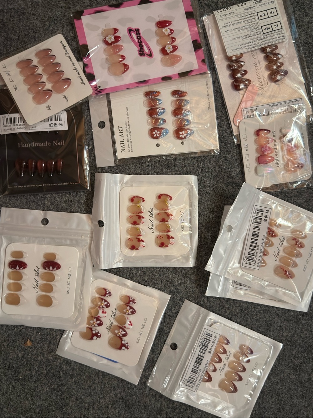 Bundle Lot 12 Handmade Press-On Nail Sets Medium Size Medium Length Red French